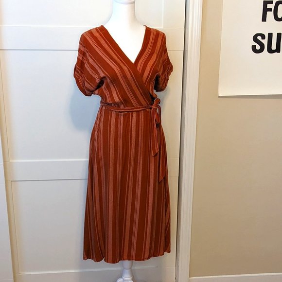 Midi Terra Cotta Striped Wrap Dress Size S - Picture 1 of 14